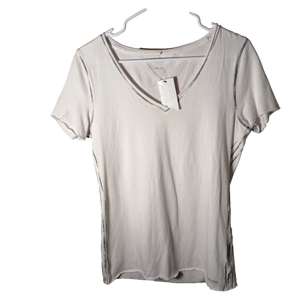 Calvin Klein T-Shirt Women's Large V-Neck Short Sleeve Solid Basic Top Shirt